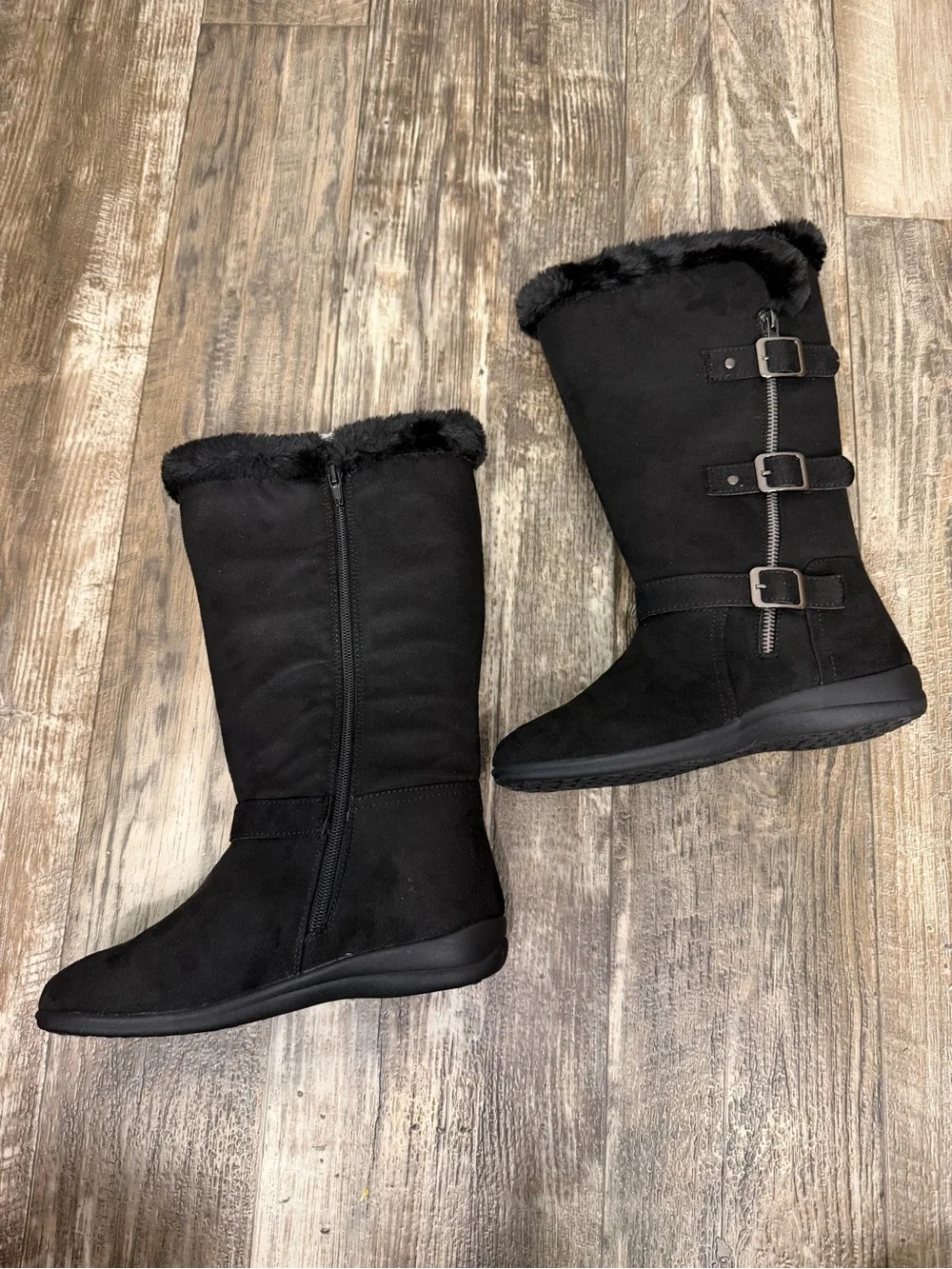 Hot Cakes Kids Black Faux Fur Buckle Zip Rain & Snow Boots Size 3.5